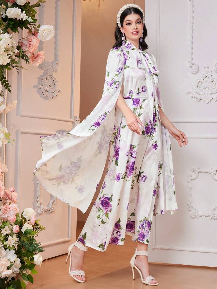 Women'S Floral Printed Dress With Extra Long Sleeves Long Evening Dresses