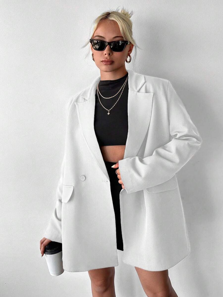 EURMUSE Lapel Neck Double Button Blazer - Beige - View 1