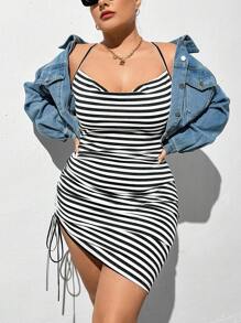 SHEIN Essnce Plus Size Women's Fashionable Casual Versatile Spring And Summer Women's New Striped Fabric Swing Collar Neckline Drawstring Hem Tight Suspender Dress - Black and White - View 1