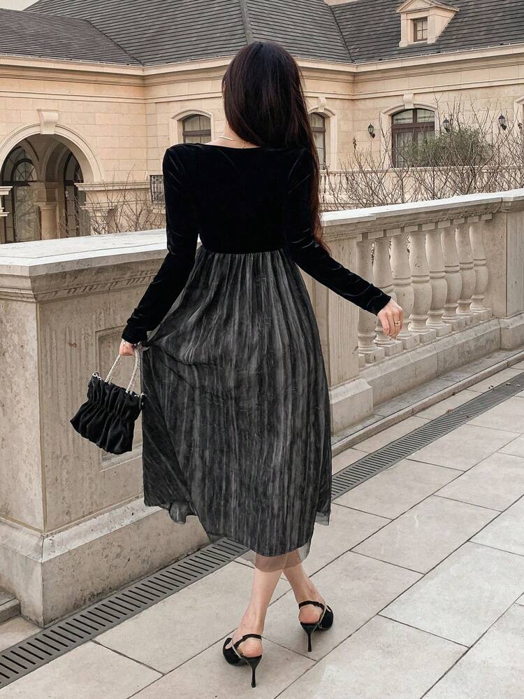 Women'S Tie-Dye Patchwork Twisted Knot Front Dress, Birthday Prom Dress,Fall Dress Long Sleeve Dress Elegant Women Dresses