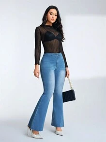 SHEIN Privé 女式修身喇叭牛仔褲 - 中等水洗藍 - 查看 6