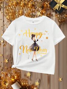 Cô gái Tween Nhân vật Âm lịch Năm mới In Khẩu hiệu Ngắn tay Áo thun Thích hợp Cho mùa hè - trắng - Xem 1