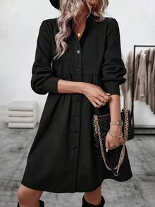 SHEIN LUNE Vestido Con Botones De Color Liso Para Mujer - Negro - Ver 5