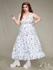 ROMWE PUNK Kích thước lớn Không tay Váy hoa Với Chi tiết ren Và Tie Trước - Nhiều màu - Xem 5