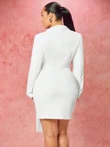 SHEIN BAE 大尺寸包覆式連衣裙,配有西裝式領子和側邊綁帶細節 - 白色 - 查看 7