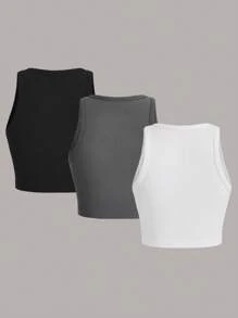 SHEIN EZwear 3入組大尺碼女性時尚印花短上衣 - 黑與白 - 查看 2