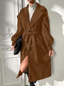 Calvaya Turn-Down Collar Single-Breasted Belted Overcoat
