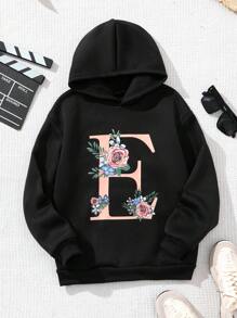 SHEIN Cô gái Tween Hoa In thư Áo nỉ có mũ - màu đen - Xem 1