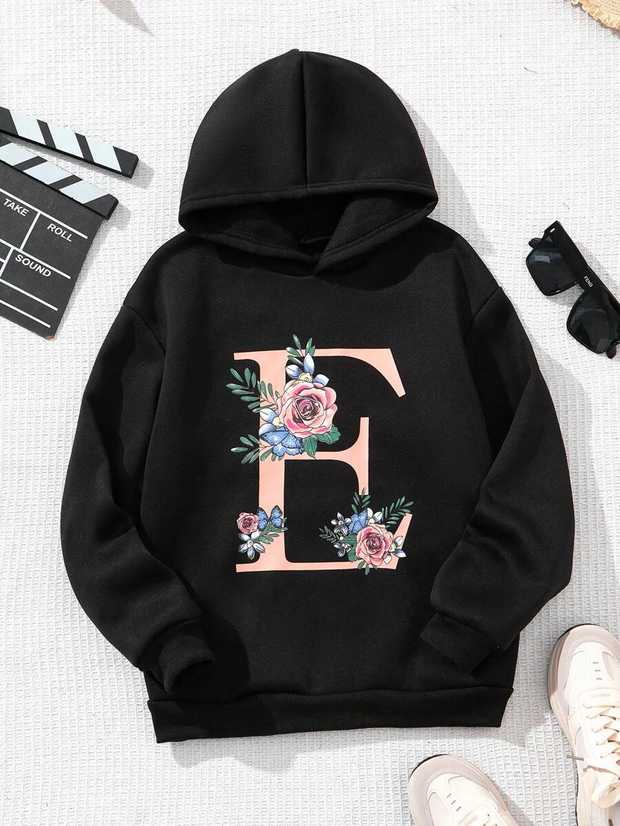 SHEIN Cô gái Tween Hoa In thư Áo nỉ có mũ - màu đen - Xem 1