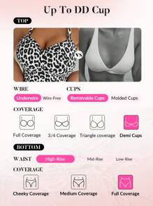 Swim DD+ Women's Leopard Print Halter Neck Bikini Set - Black and White - View 4