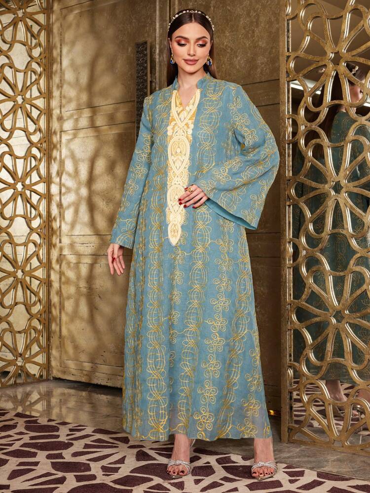 Women's Notched Collar Flare Sleeve Evening Jalabiya Dress, Elegant Luxury Evening Party Style
