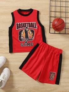 SHEIN 幼童男孩籃球和字母印花拼接兩件套裝 - 紅色 - 查看 3