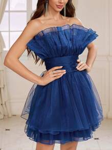 SHEIN Belle Pleated, Strapless, Cocktail Party A-Line Dress, Women's Formal Dress - Blue - View 1