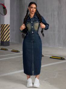 SHEIN ICON 復古褪色長袖牛仔裙 - 深色水洗藍 - 查看 1