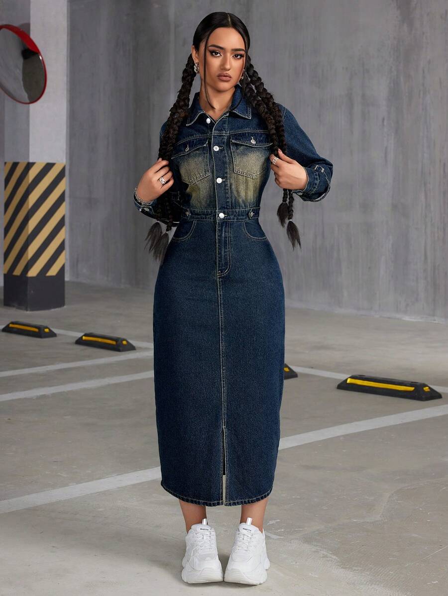 SHEIN ICON 復古褪色長袖牛仔裙 - 深色水洗藍 - 查看 1