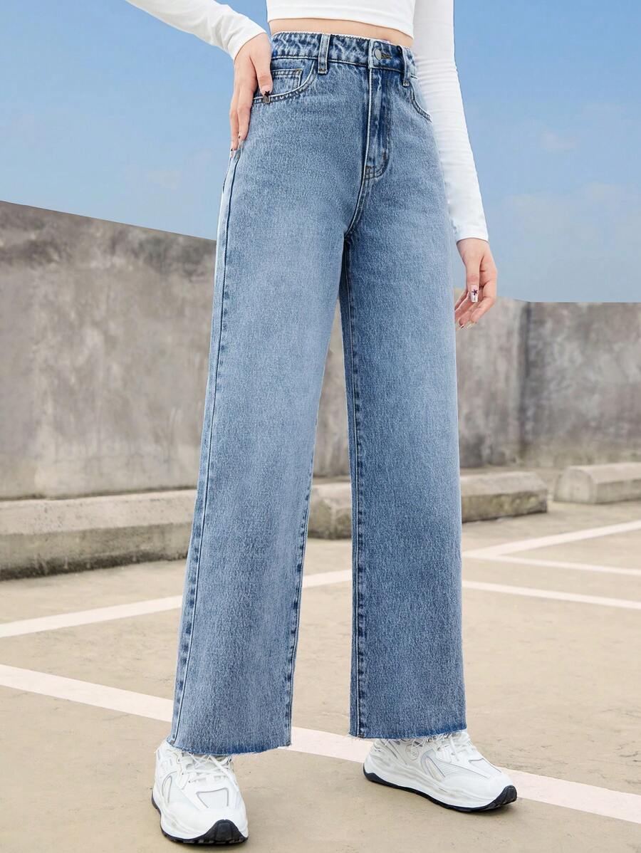 SHEIN Teenage Girls' Straight Leg Jeans - Medium Wash - View 1