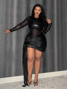 Slaydiva فستان ووقوف الياقة بالشبكة شفافة ورقعة قماشية للنساء والقياس الكبير - الأسود - مشاهدة 2