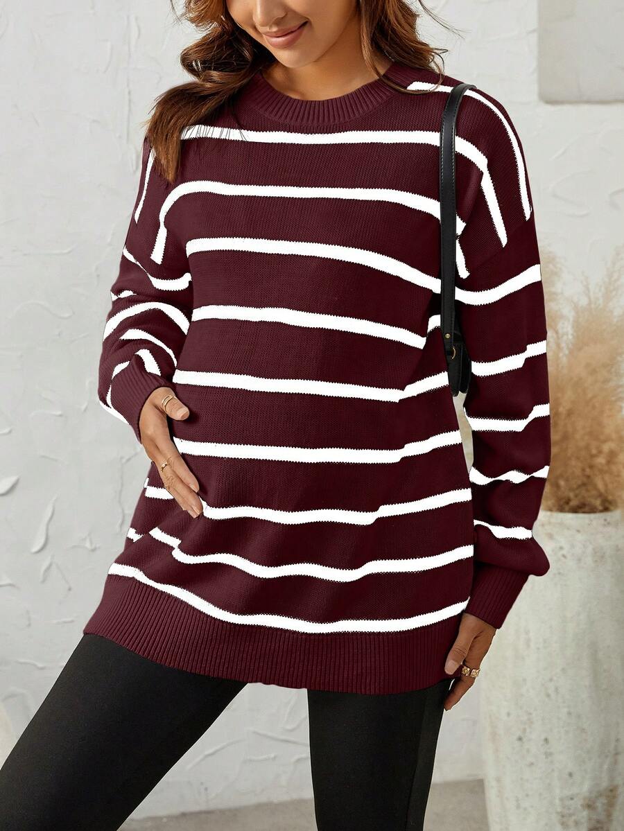 SHEIN Thai sản Sọc Thả vai Tay áo dài Áo len - Màu Đỏ Sâu - Xem 1