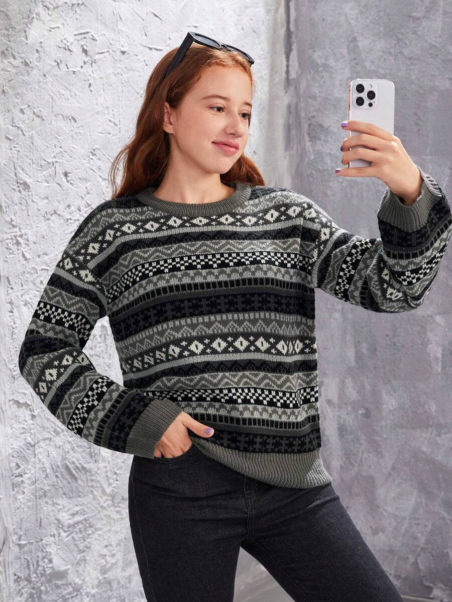 Teenage Girls' Geometric Pattern Long Sleeve Sweater - Dark Grey - View 1