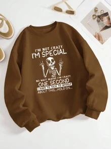 SHEIN EZwear Women'S Skull & Slogan Printed Fleece Hoodie - Coffee Brown - View 1