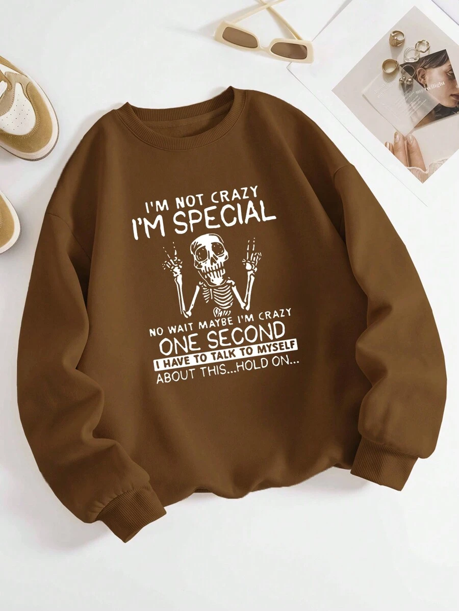 SHEIN EZwear Women'S Skull & Slogan Printed Fleece Hoodie - Coffee Brown - View 1