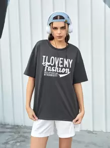 Street Sport Slogan Printed Round Neck Drop Shoulder Sleeve Sports T-Shirt - Black - View 1
