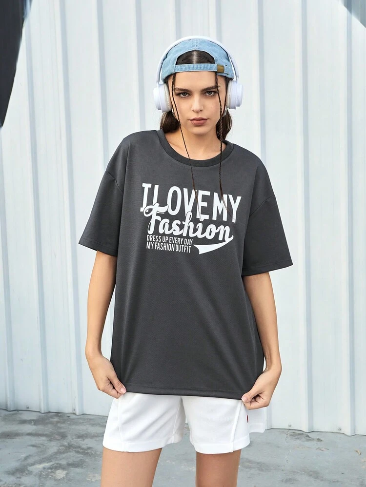 Slogan Printed Round Neck Drop Shoulder Sleeve Sports T-Shirt