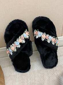 時尚流行珍珠&花&裝飾女式交叉帶拖鞋,適用於秋冬季節