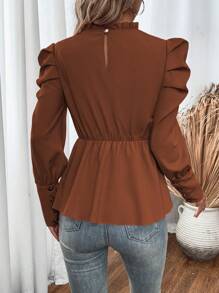 SHEIN LUNE 褶邊下擺平行縐縫拼接燈籠袖襯衫 - 棕色 - 查看 2