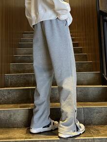 Manfinity Hypemode 男士純色束口腰筒褲,質感織物直筒休閒長褲 - 灰色 - 查看 2