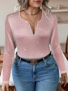 Celure Áo thun tay dài lưới tương phản cỡ lớn có khóa kéo nửa - Màu Hồng baby - Xem 6