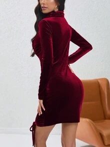 女士立領褶皺絨面洋裝 - 酒紅色 - 查看 2