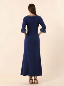 SHEIN Privé Ladies' Polka Dot Printed Sweater Dress With Large Round Collar And Lace Decoration - Royal Blue - View 3