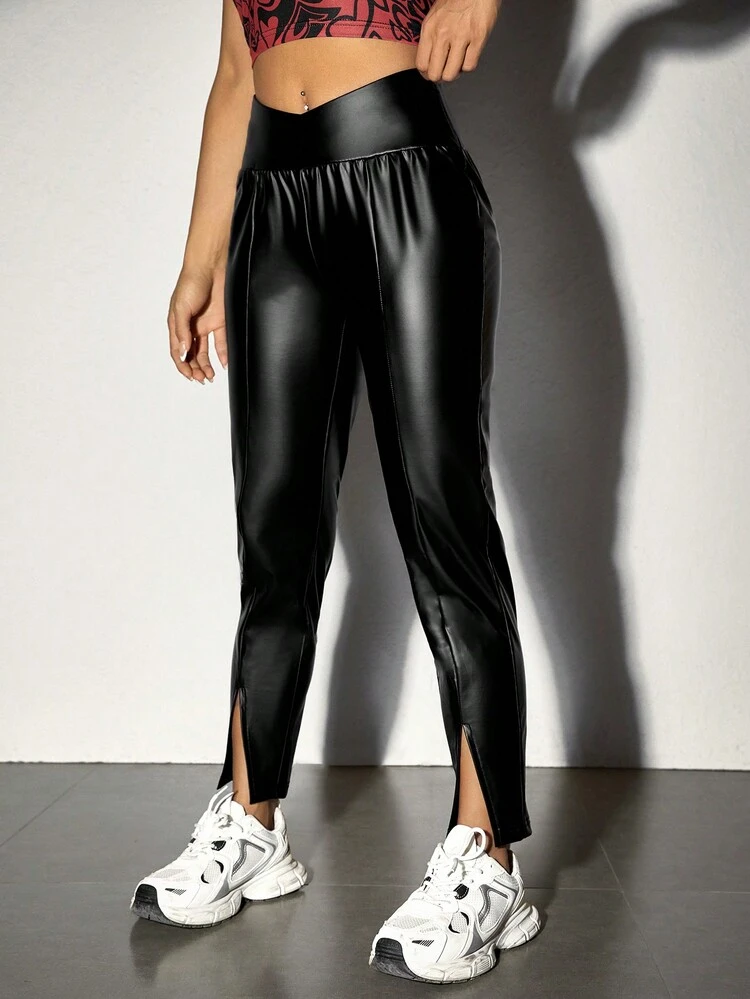 Wide Waist Pu Leather Split Hem Leggings