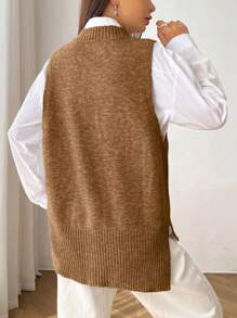 SHEIN EZwear Quý cô Màu thuần Dệt kim Áo vest - Cà phê nâu - Xem 2