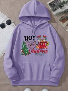 大码女式时尚袋鼠口袋字母印花卫衣 - 紫色 - 查看 1