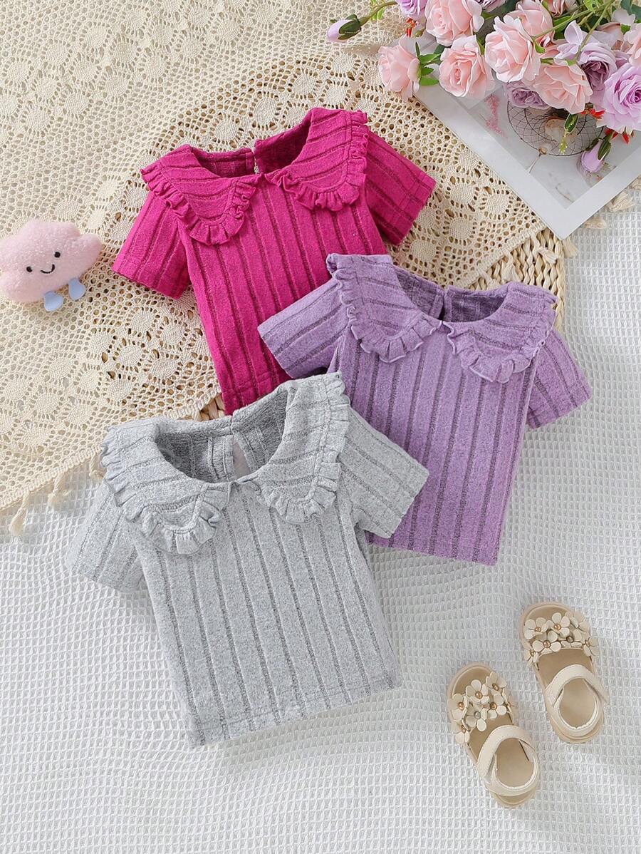 3pcs/Set Baby Girls' Peter Pan Collar T-Shirt Top For Summer - Multicolor - View 1