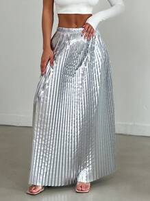 EURMUSE Elastic Waistband Pleated Skirt - Silver - View 4