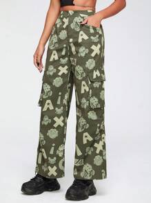 GAWX Artist Cartoon Graphic Flap Pocket Side Cargo Pants, For Holiday, Vacation, Festival