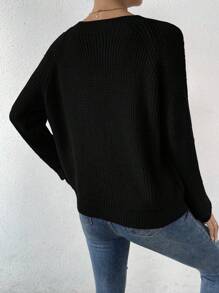 EMERY ROSE V Neck Raglan Sleeve Ribbed Knit Sweater,Long Sleeve Tops Knit Pullover Fall Winter Sweater - Black - View 2