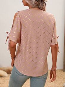 SHEIN LUNE 女款 V 領格紋印花正面繫帶襯衫 - 粉色 - 查看 2