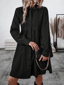 SHEIN LUNE Vestido Con Botones De Color Liso Para Mujer - Negro - Ver 4