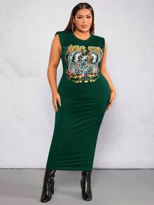 SHEIN SXY Kích thước lớn Của phụ nữ In Eagle Đầm - Màu xanh lá cây đậm - Xem 3
