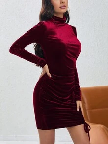 女士立領褶皺絨面洋裝 - 酒紅色 - 查看 4