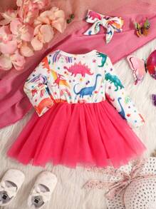 Infant Girls' Cartoon Dinosaur Print Dress With Bow Decoration, Net Overlay And Ruffled Hem - Multicolor - View 2