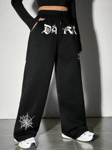 SHEIN EZwear 抽繩腰部蜘蛛網&字母印花慢跑褲 - 黑色 - 查看 5