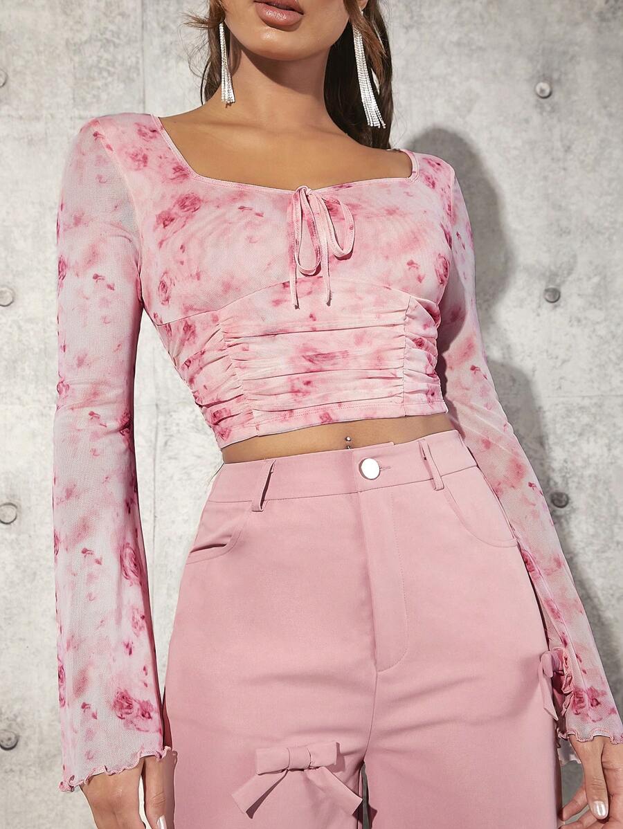 SHEIN Tall Top Corto Con Mangas Acampanadas - Rosa - Ver 1