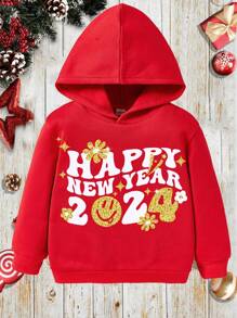 SHEIN 男童休闲新年快乐字母印花卫衣，适合秋冬季穿着 - 紅色 - 查看 2