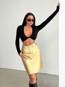 SHEIN Cottnline Women's Short Metallic Fabric Denim Skirt - Gold - View 3