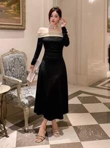 DAZY 女士撞色褶裥露肩连衣裙，生日、新年、舞会礼服，秋季长袖连衣裙，优雅女士连衣裙，嘉年华礼服 - 黑色 - 查看 5